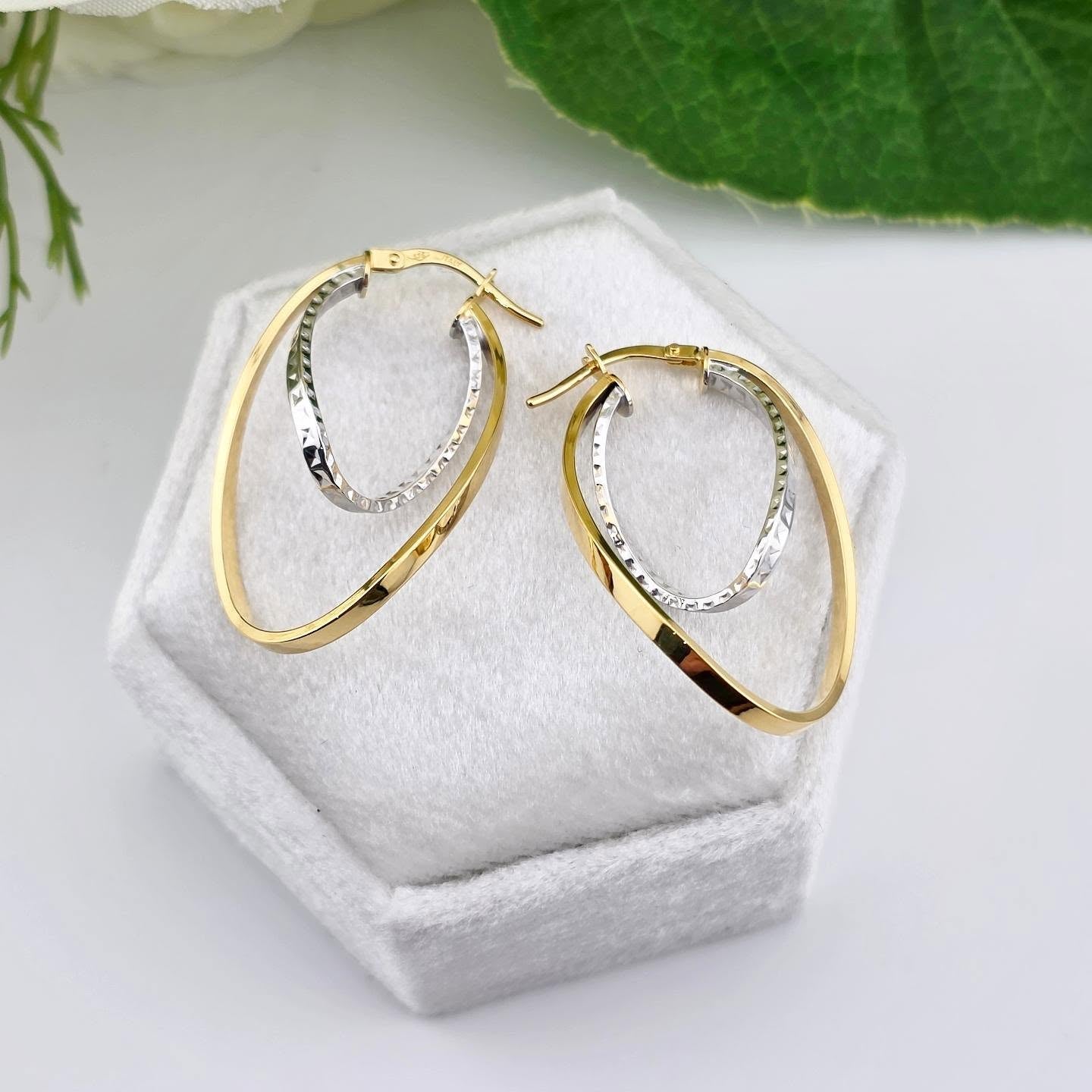 9ct Yellow & White Gold Double Oval Hoop Earrings