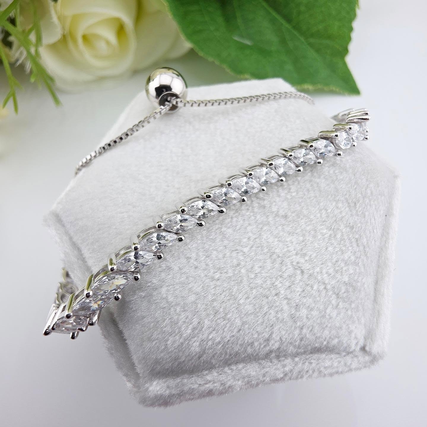 925 Sterling Silver Adjustable Marquise Cut Tennis Bracelet