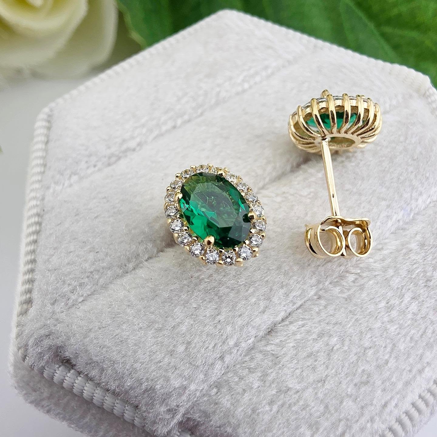 9ct Yellow Gold Green CZ Oval Cut Halo Stud Earrings