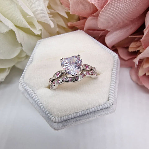 925 Sterling Silver Pink & White Cz Ladies Heart Ring Set