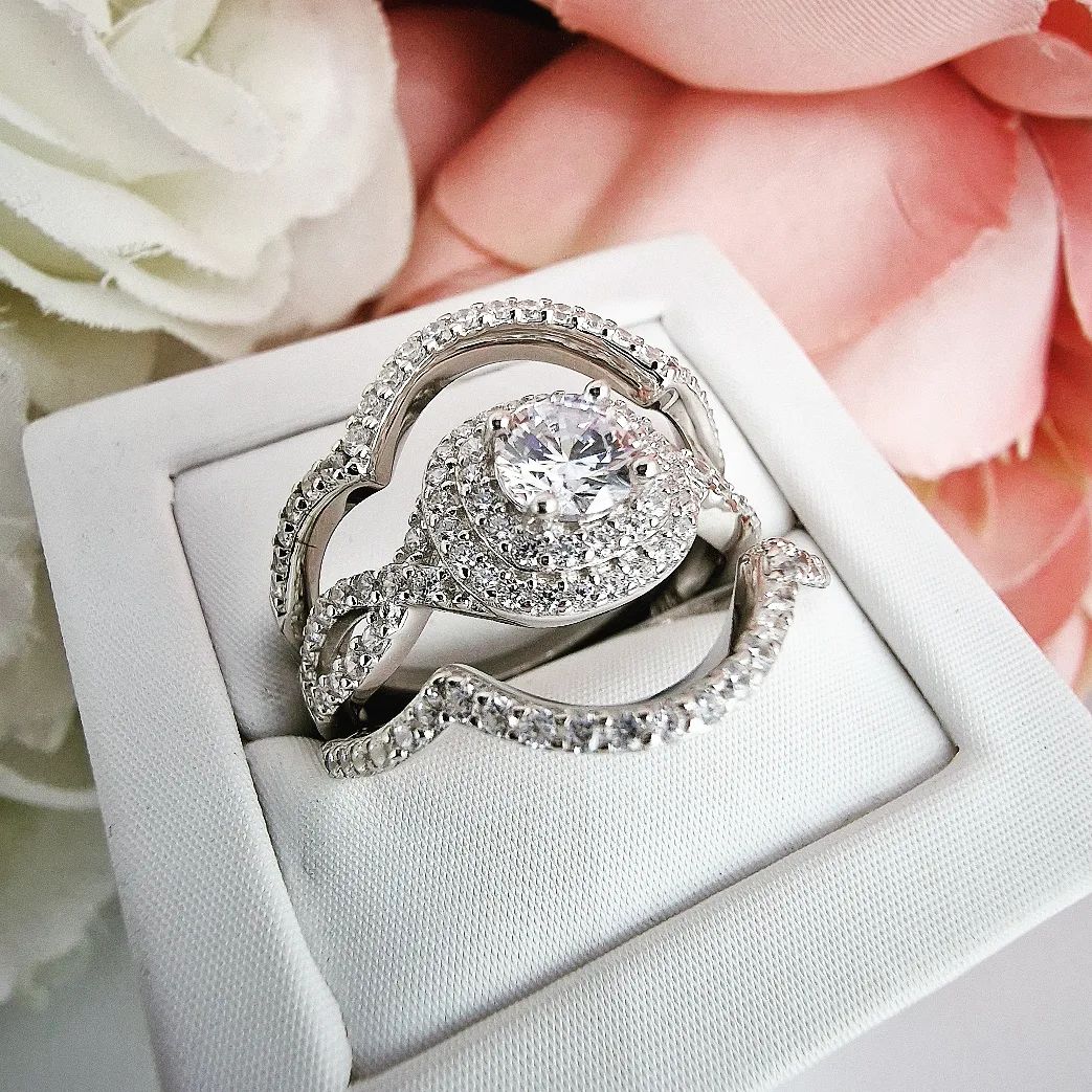 Three Part Rings 925 Sterling Silver Double Halo with Infinity Band 3 Part Ring Set ...
