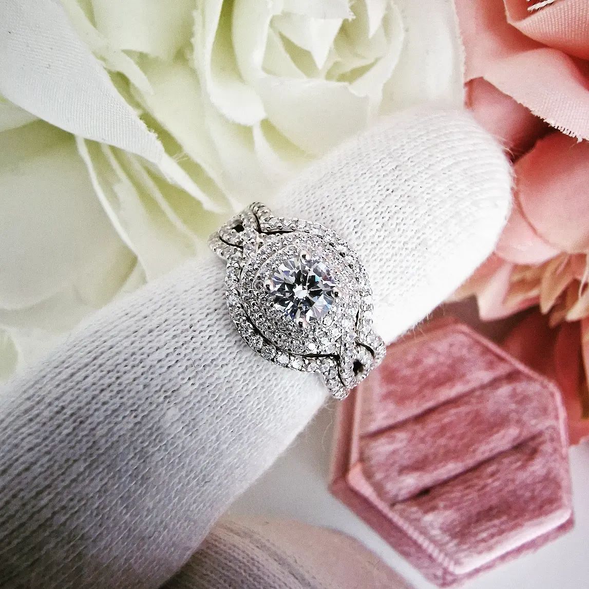 Three Part Rings 925 Sterling Silver Double Halo with Infinity Band 3 Part Ring Set ...