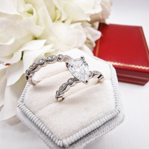 925 Sterling Silver Pear Cut Cz Ring Set With Millgrain Vintage Setting