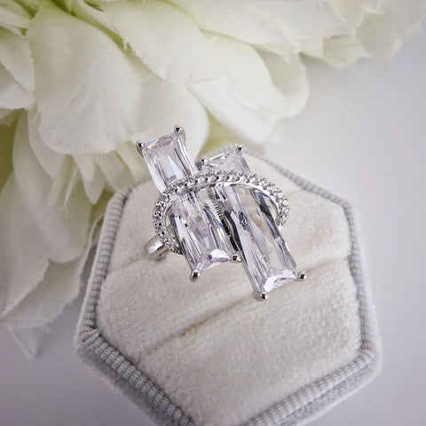 925 Sterling Silver Fancy Two Emerald Cz Stones Dress Ring