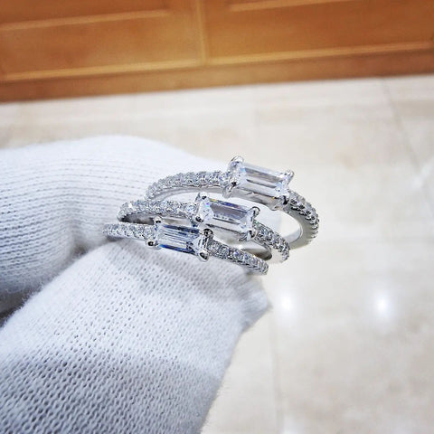 925 Sterling Silver Baguette Cz 3 Piece Ring Set