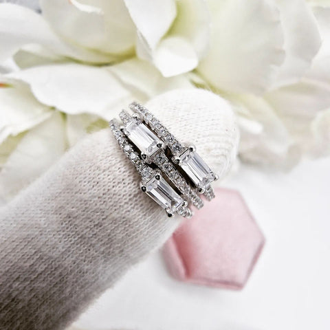 925 Sterling Silver Baguette Cz 3 Piece Ring Set