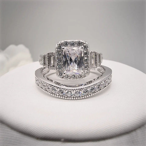 925 Sterling Silver Emerald Cut Cz Ladies Ring Set