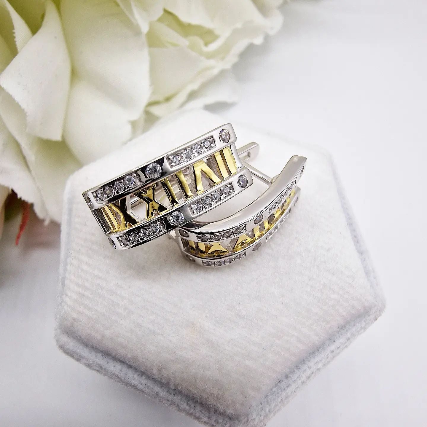 925 Sterling Silver Roman Numeral Hoop Cubic Zirconia Earrings