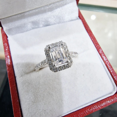 925 Sterling Silver Emerald Cut Cz Halo Dress Ring