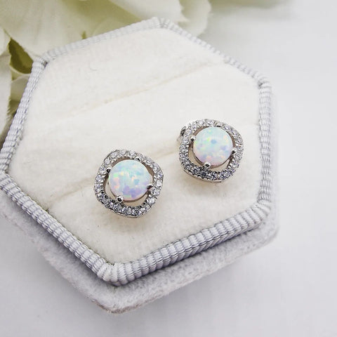 925 Sterling Silver Opal Cz Halo Stud Earrings