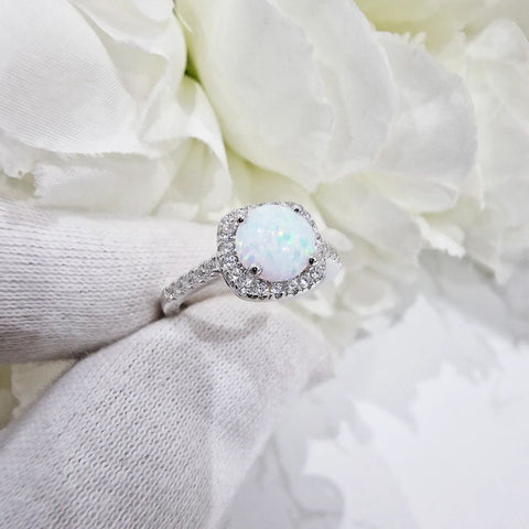 925 Sterling Silver Opal Cz Halo Ring