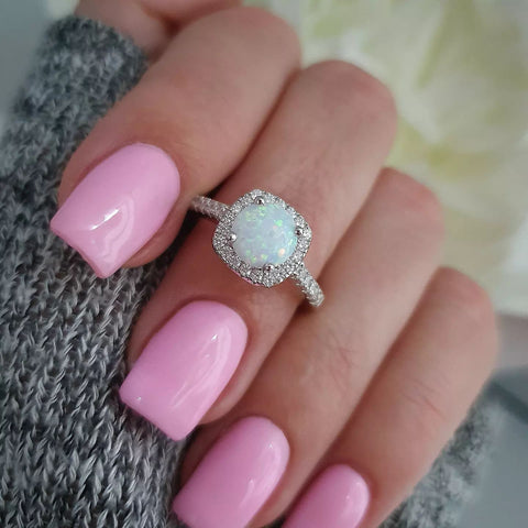 925 Sterling Silver Opal Cz Halo Ring