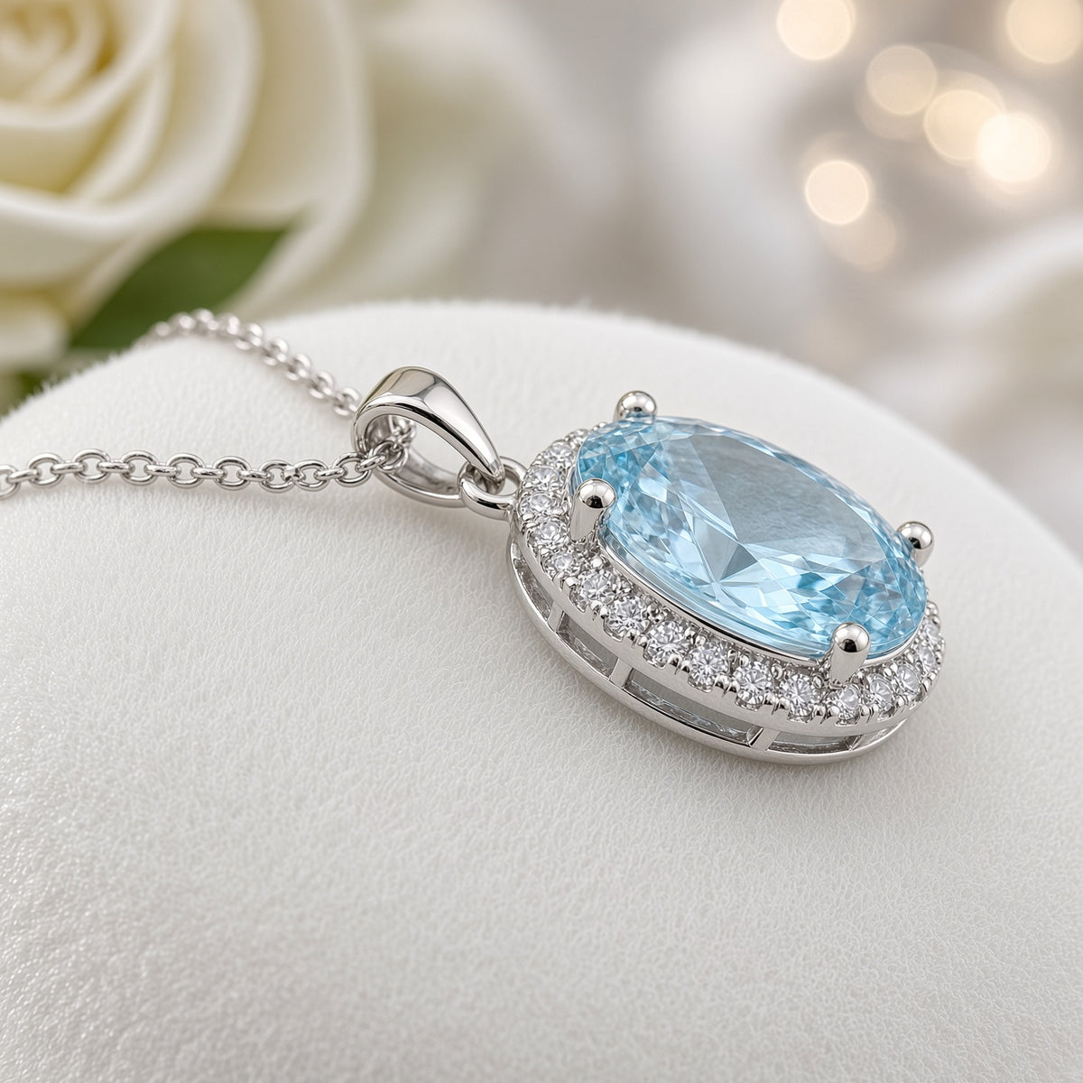925 Sterling Silver Aqua Cz Oval Halo Pendant with Chain