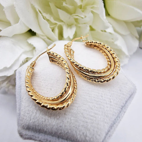 9ct Yellow Gold Triple Layer Ribbed & Plain Oval Hoop Earrings