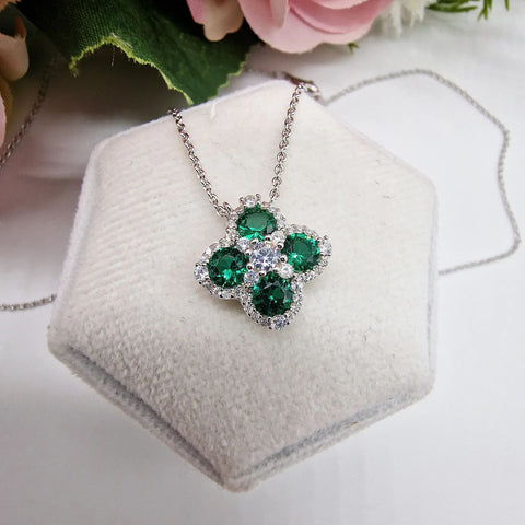 925 Sterling Silver Emerald Green Four Leaf Clover Cz Silver Necklace