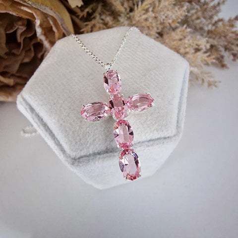 925 Sterling Silver Pink Crystal Cross Pendant with Chain