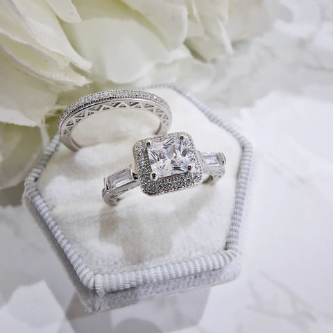925 Sterling Silver Princess Cut & Baguette CZs Half Eternity Ring Set