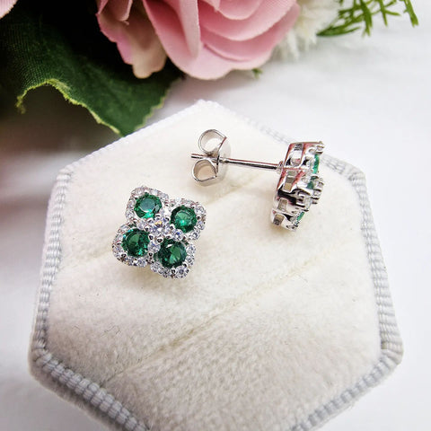 925 Sterling Silver Emerald Green Four Leaf Clover Cz Stud Earrings