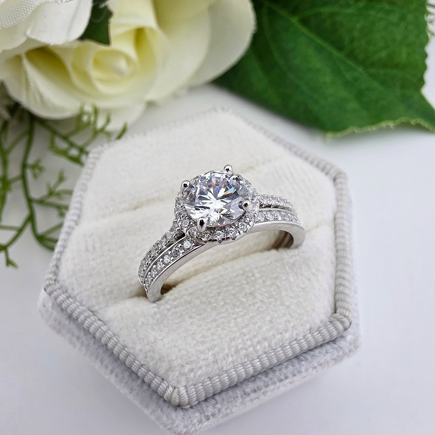 925 Sterling Silver Round Brilliant Halo Cz Ring Set with Channel Set Band