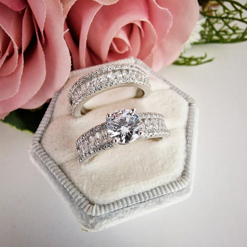 925 Sterling Silver Round & Marquise Cz Ring Set