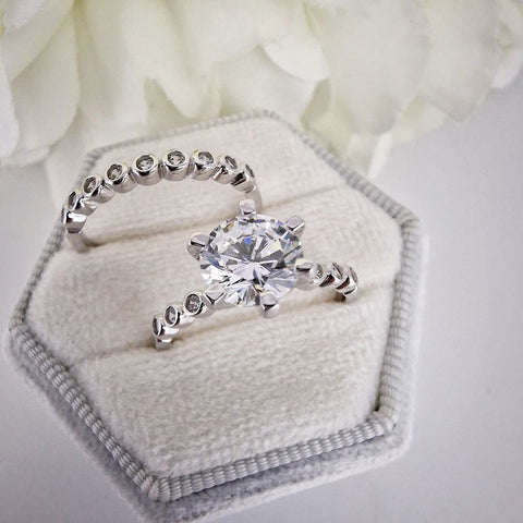 925 Sterling Silver Solitaire & Rubover Set Eternity Cz Ladies Ring Set