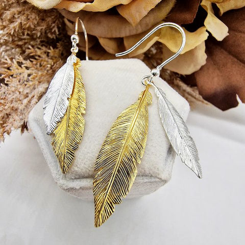 925 Sterling Silver & Gold Coated Feathers Drop Earrings