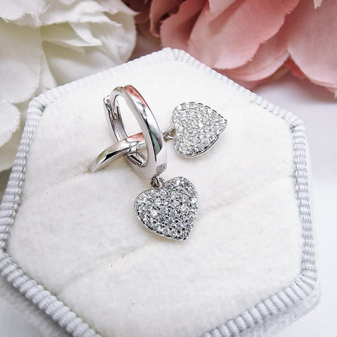 925 Sterling Silver Huggies With Cz Heart Drop Charm Earrings