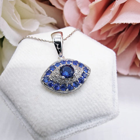 925 Sterling Silver Blue & White Cz Evil Eye Pendant with Chain