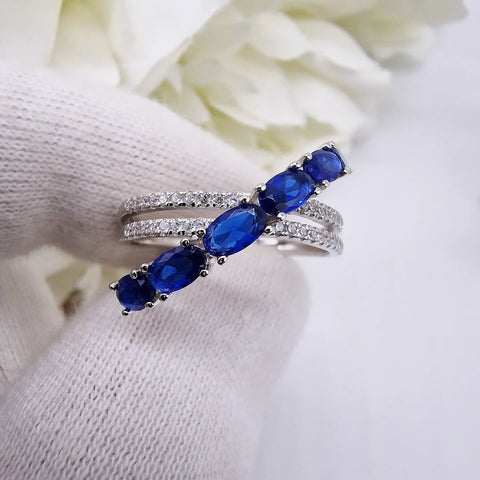 925 Sterling Silver Blue Sapphire & White Cz Fancy Crossover Ring