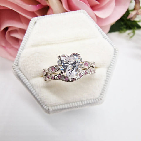 925 Sterling Silver Pink & White Cz Ladies Heart Ring Set