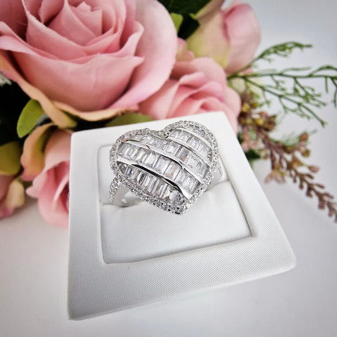 925 Sterling Silver Cz Round & Baguette Cluster Heart Ring