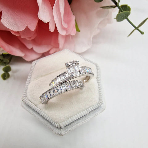 925 Sterling Silver Baguette Cz Ladies Ring Set