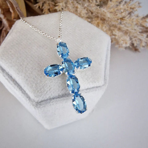 925 Sterling Silver Blue Crystal Cross Pendant with Chain