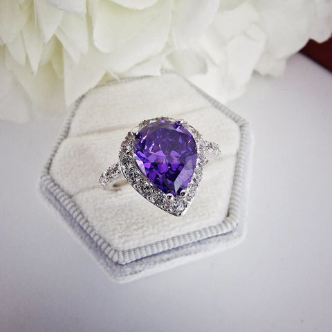 925 Sterling Silver Pear Cut Amethyst Cz Cocktail Ring
