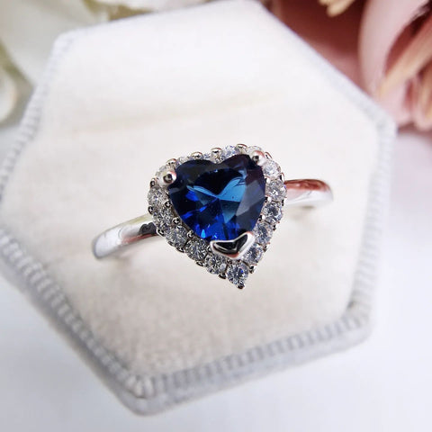925 Sterling Silver Sapphire Blue Cz Halo Heart Ring