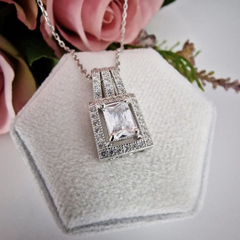 J-JAZ 925 Sterling Silver Square Shape Cluster Cubic Zirconia Pendant with 18" Chain