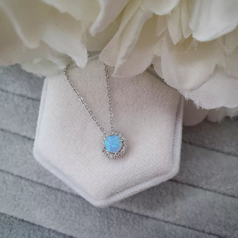 925 Sterling Silver Blue Opal Cubic Zirconia Halo Pendant with Chain