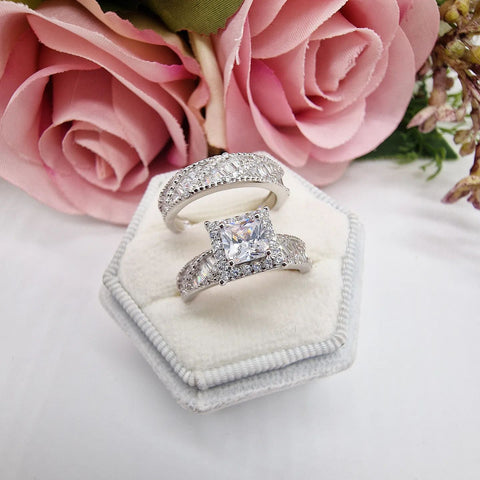 925 Sterling Silver Cz Ring Set with Baguette Twist Design Band