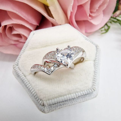 925 Sterling Silver Cz Wishbone Ring Set with Heart Cut Centre Stone