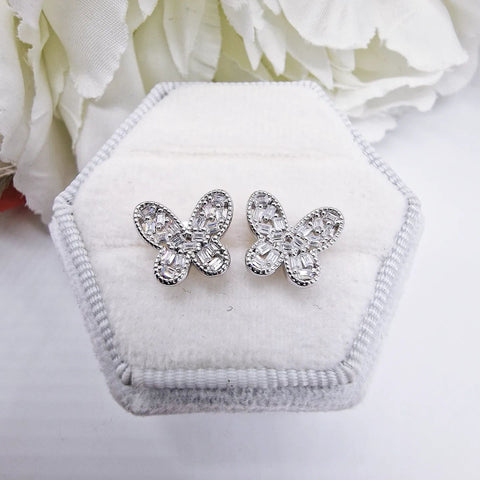 925 Sterling Silver Baguette Cut Cz Butterfly Shaped Stud Earrings