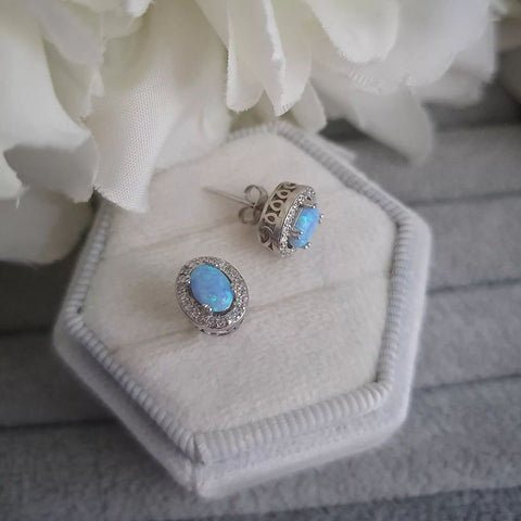 925 Sterling Silver Blue Opal Cz Oval Halo Stud Earrings