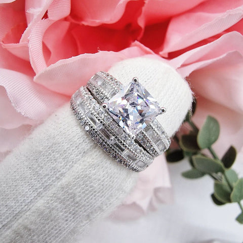 925 Sterling Silver Princess Cut Cz Ring Set with Round & Baguette Cut Cz Eternity Band