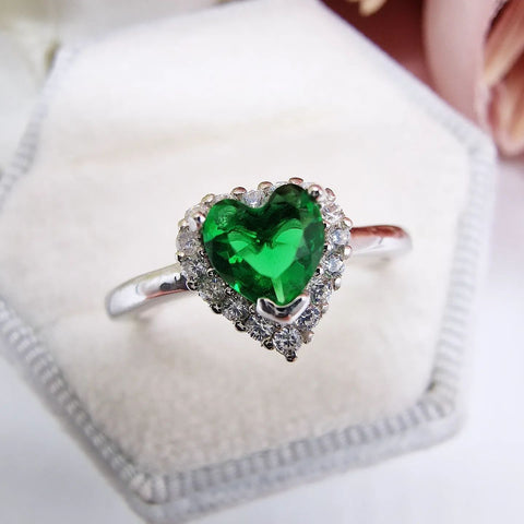 925 Sterling Silver Emerald Green Cz Halo Heart Ring