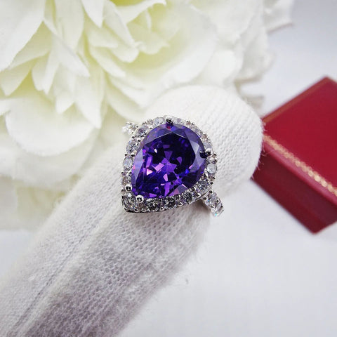 925 Sterling Silver Pear Cut Amethyst Cz Cocktail Ring