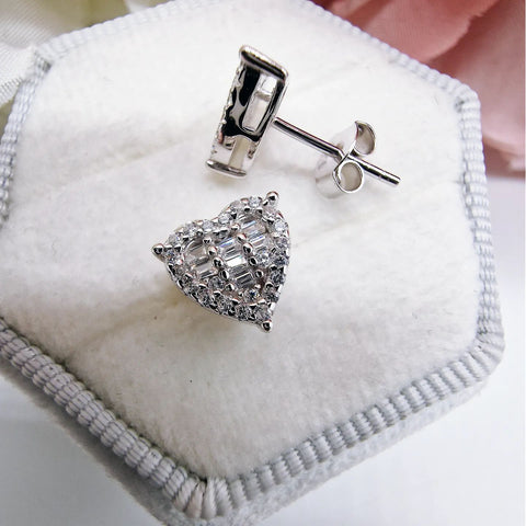 925 Sterling Silver Round & Baguetter Cut Cz Heart Stud Earrings