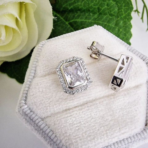 925 Sterling Silver Micro Pave Emerald Cut Cubic Zirconia Silver Stud Earrings