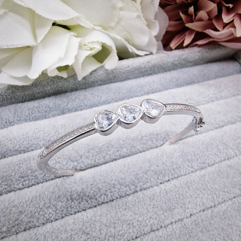 925 Sterling Silver 3 Heart Cz Ladies Bangle