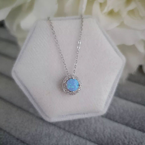 925 Sterling Silver Blue Opal Cubic Zirconia Halo Pendant with Chain