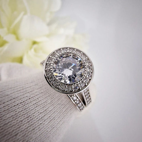 925 Sterling Silver Large 6.5mm Round Brilliant Cz Halo Ring Set