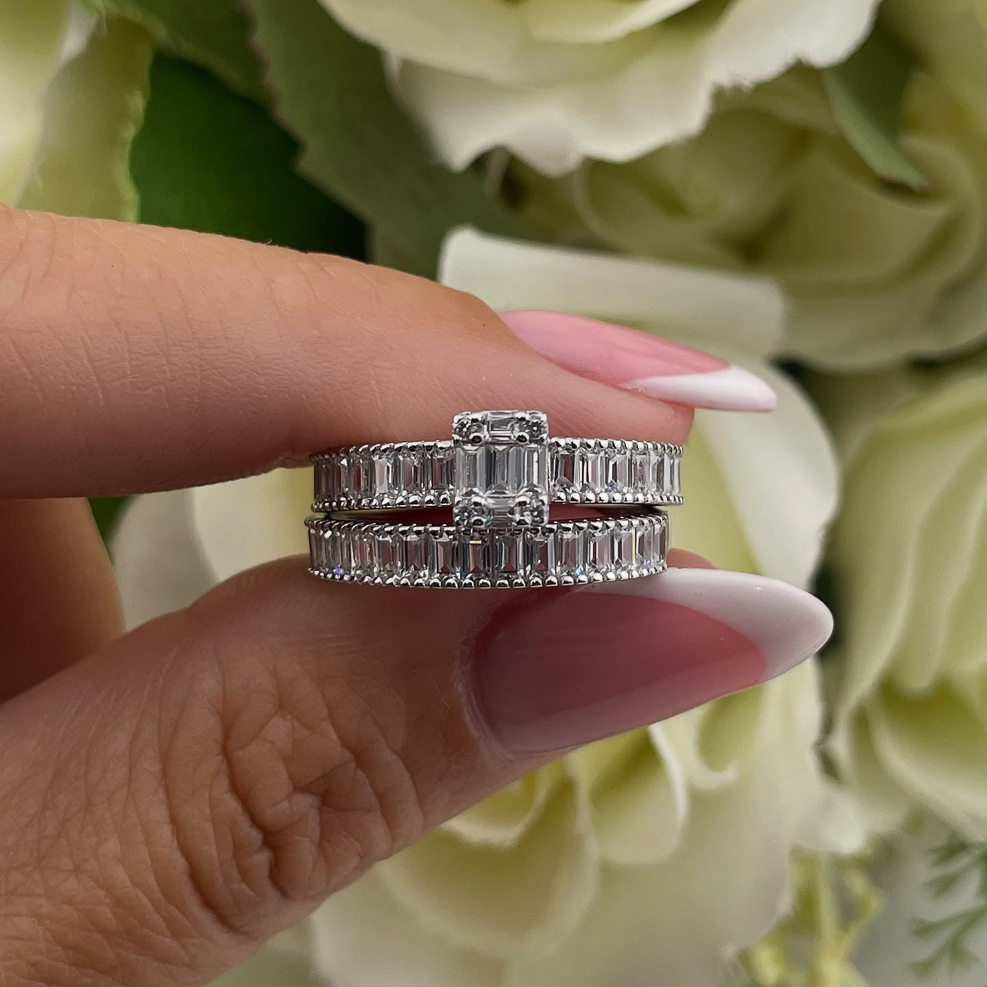 925 Sterling Silver Baguette Cz Ladies Ring Set